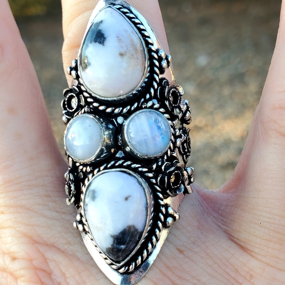 New Zebra Jasper and Rainbow Moonstone 925 Silver Statement Ring. - Picture 4 of 16